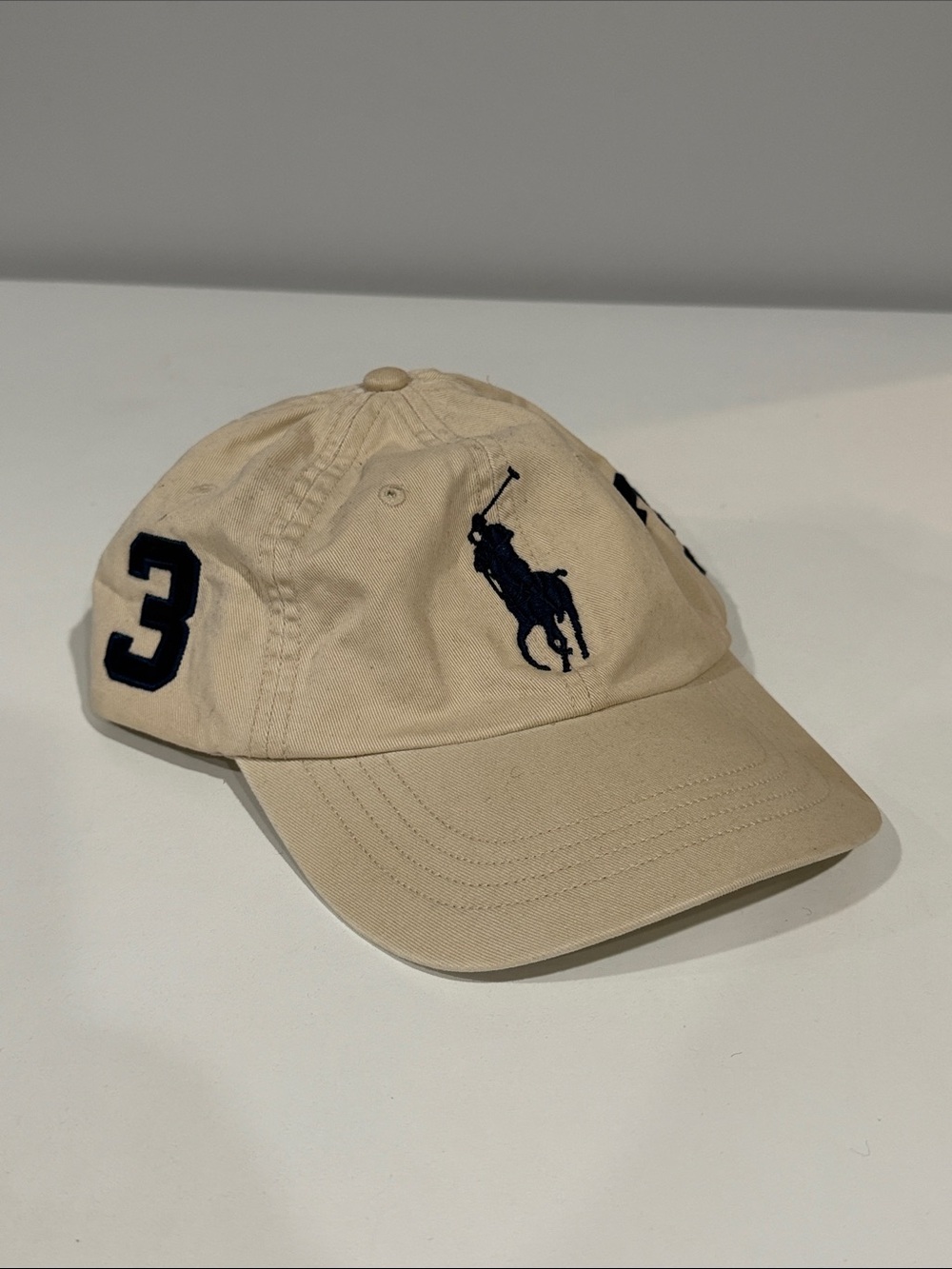 Polo by Ralph Lauren Beige Baseball Cap with Navy Logo and Number 3